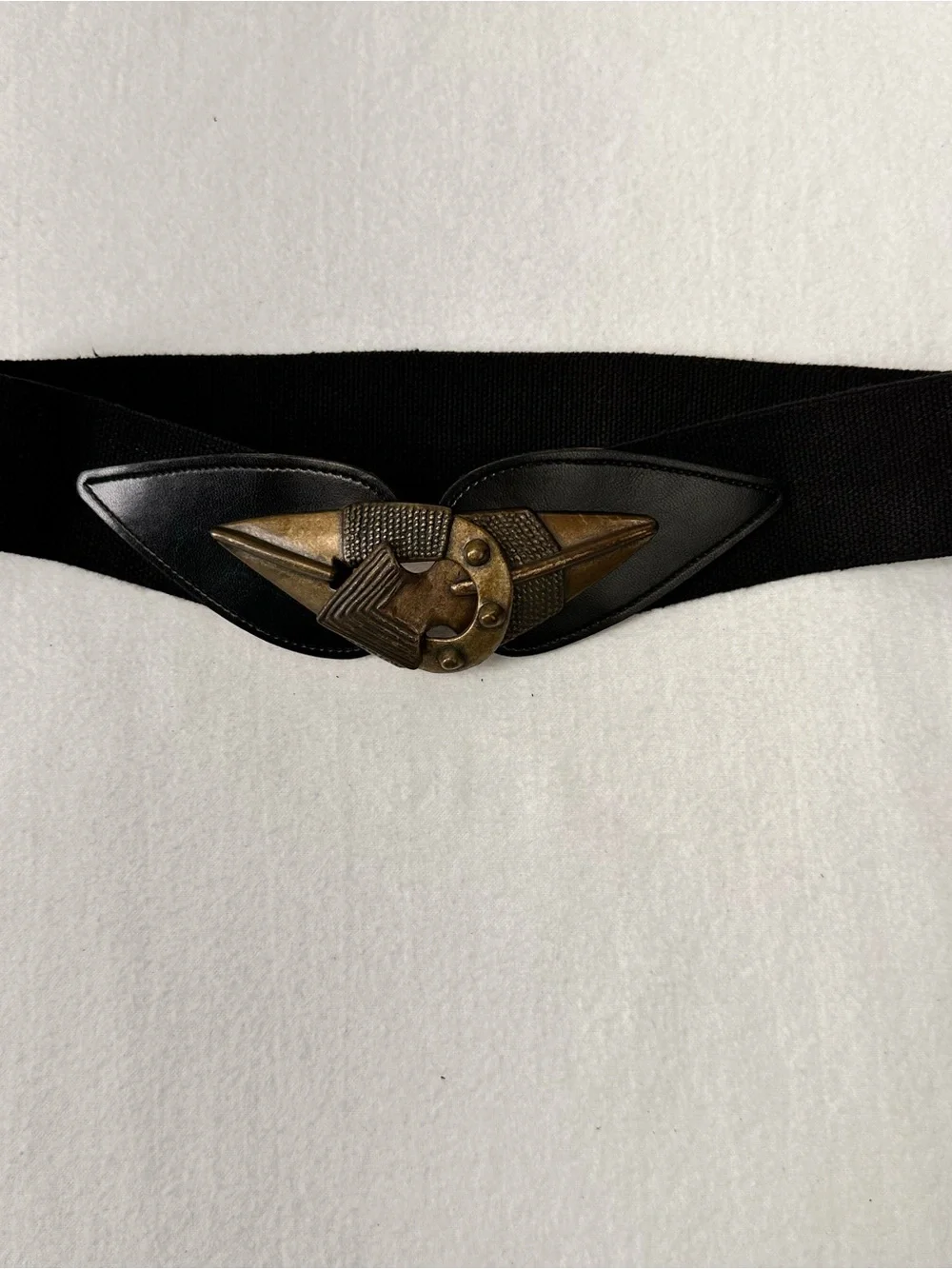 Women's Black Elastic Waist Belt with Antique Gold Geometric Buckle